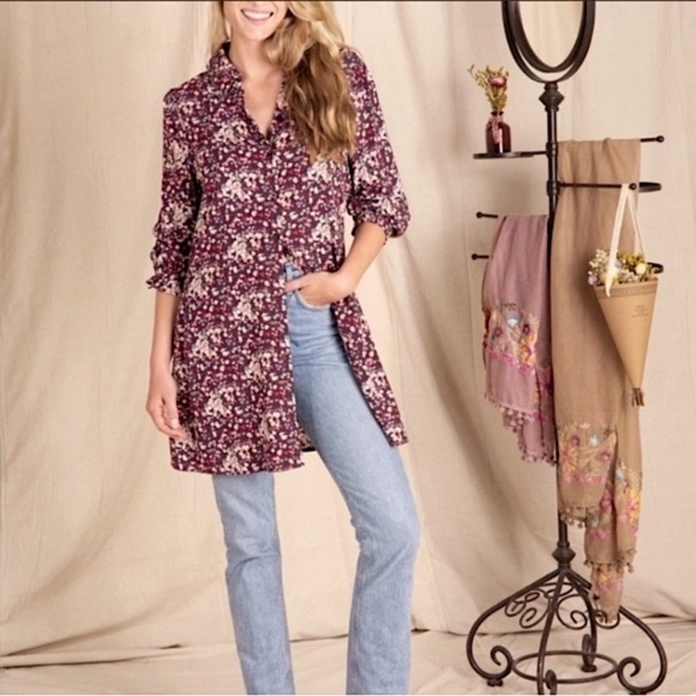 Natural Life Floral Button-Front Tunic Shirt - Plum